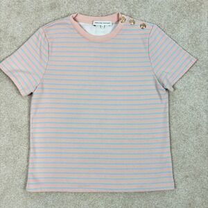 English Factory Pink Blue Striped Short Sleeve Gold Button Shoulder Top Small